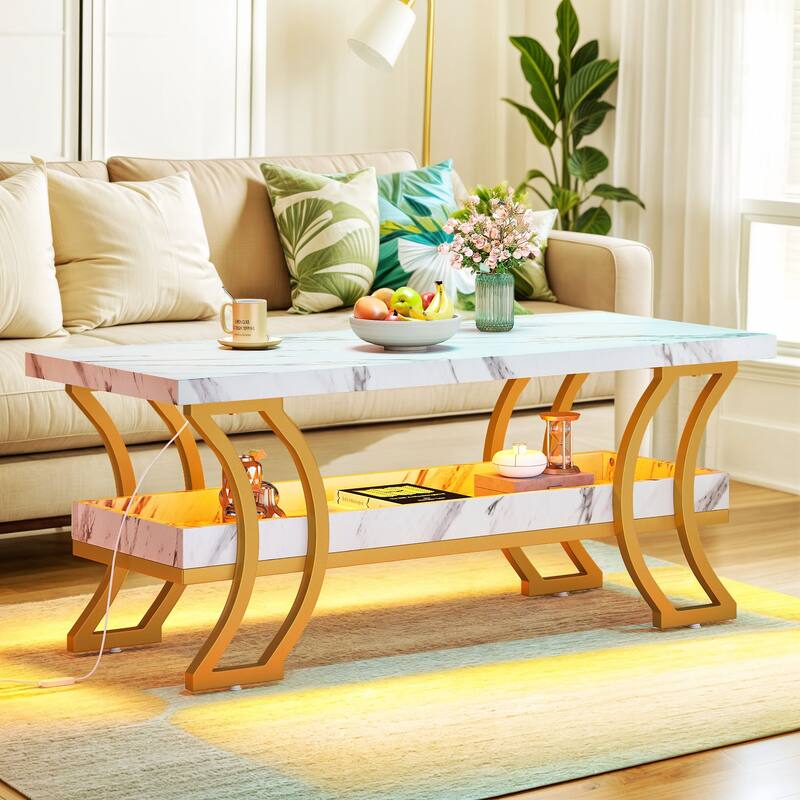 Moasis Modern Marbling Coffee Table 2-Tier Center Table with LED Lights