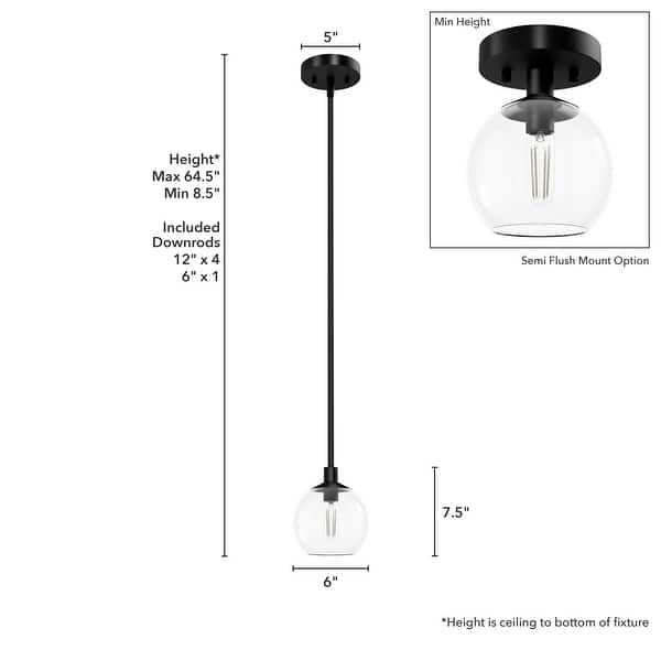 dimension image slide 11 of 12, Hunter Xidane 1 Light Clear Glass Pendant or Semi-Flush Light - Kitchen Island, Dining Room, Entry - Glam, Contemporary
