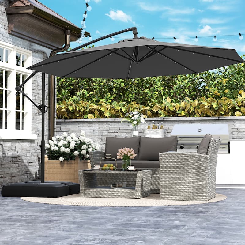 Large 10 Feet Patio Offset Umbrella with Stable Crossed Base and Solar LED Lights for Outdoor