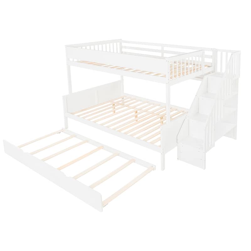 Full XL Over Queen Bunk Bed with Staircase Storage, Underbed Trundle, Open Shelf & LED Light by Harper&Bright Designs
