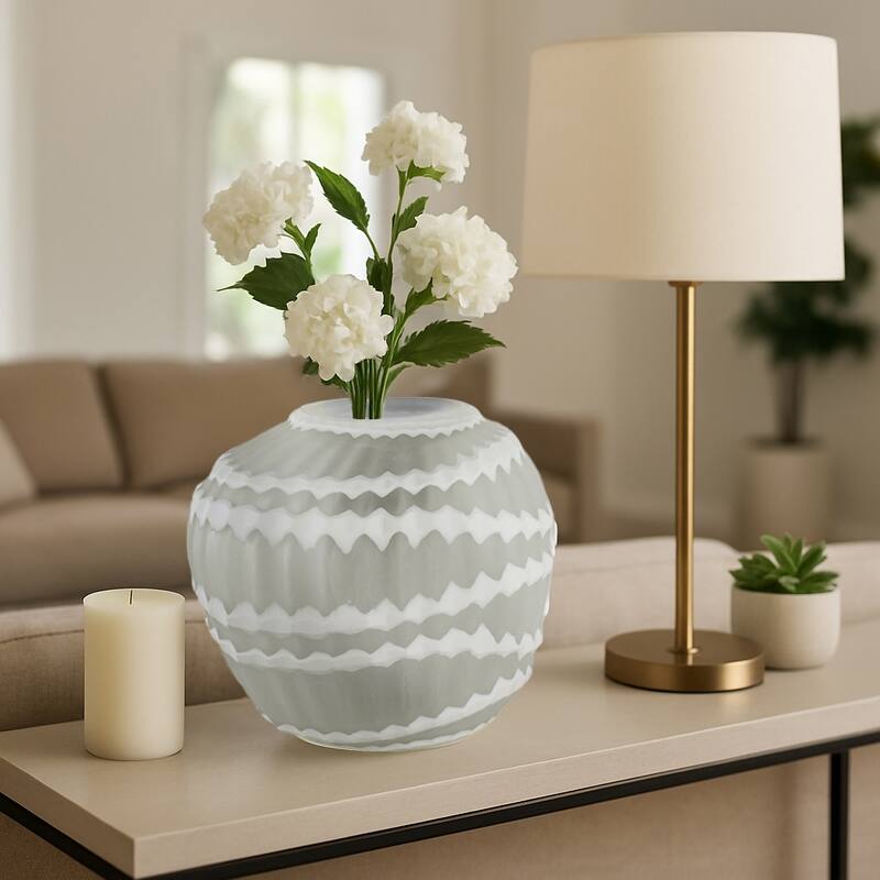 Carved Glass Vase with Vertical Strips Pattern Finish - White - 11.75"