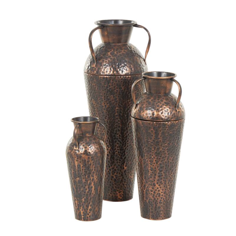 Metal Tall Floor Weathered Amphora Vase with Hammered Details and Handles - Set of 3 Copper - Roche River Decor