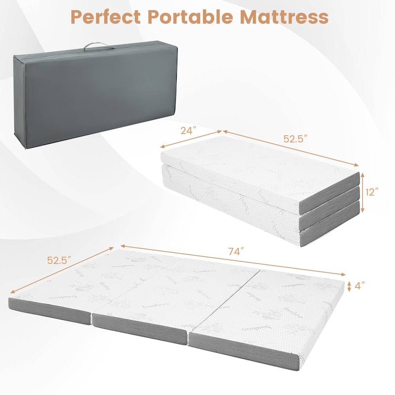 4-Inch White Grey Tri-Fold Design Memory Foam Mattress with Cooling Gel for Home or Travel