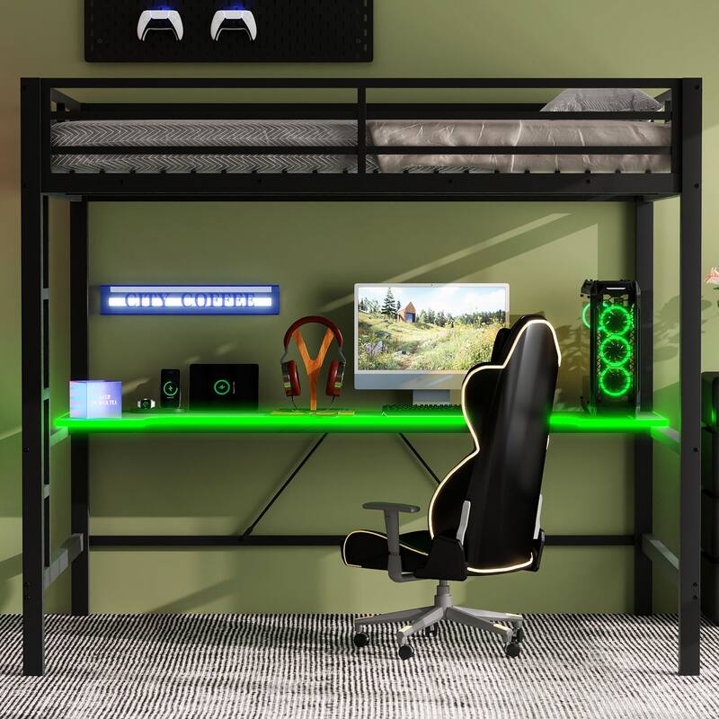 Full Size Gaming Metal Loft Bed Frame with LED Light, USB Charge Station and Desk