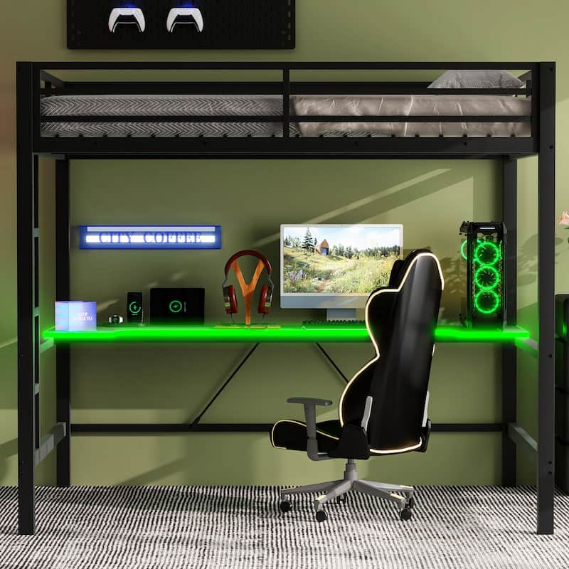 Full Size Metal Gaming Loft Bed with LED Lights, USB Charging Station and Desk