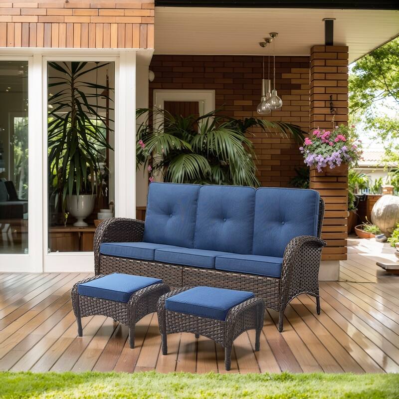 Outdoor Wicker Patio Couch 3 Seats Sofa with Cushion - Blue - Brown
