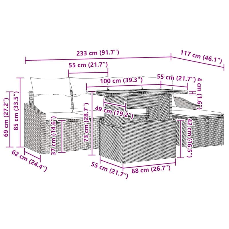 vidaXL 6 Piece Garden Sofa Set with Cushions Grey Poly Rattan - 91.7 x 46.1 x 27.2