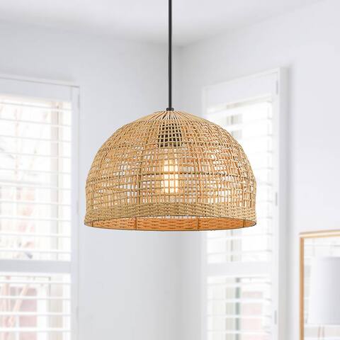 1-Light Bohemian Natural Rattan Pendant Light - W13.8" x H71" - Black/Wheat - 13.8 in. W