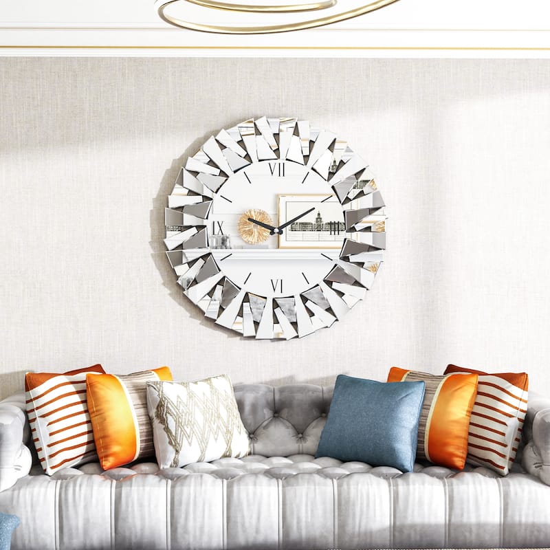 Round Sunburst Glass Mirror with Wall Clock - 31.49" Dia