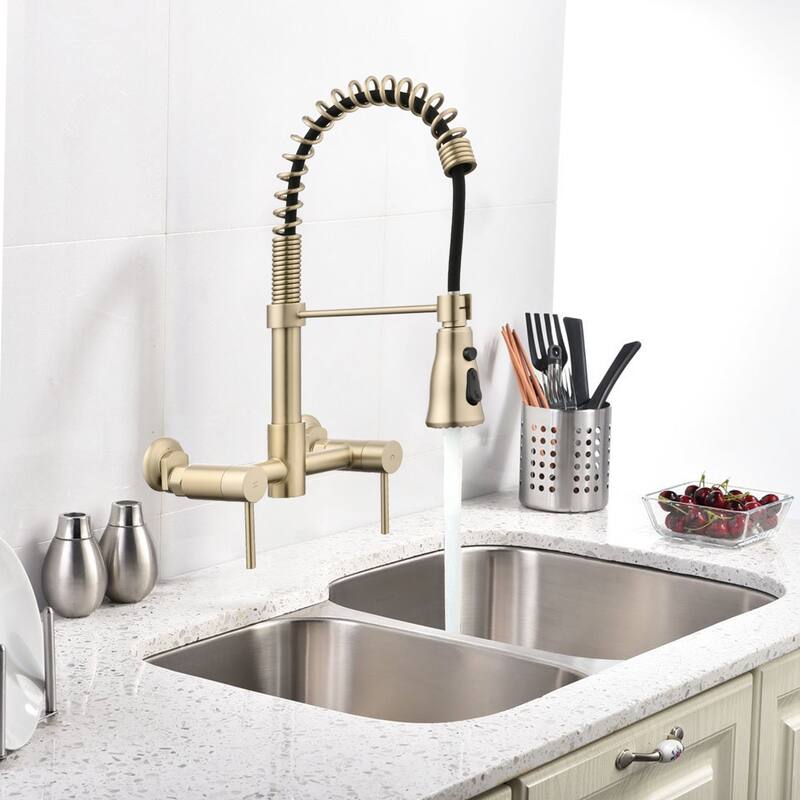 PROOX Double Handle Kitchen Faucet with Pull Out Sprayer Wall Mounted