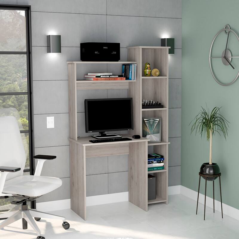 Modern Computer Desk with 5 Cubbies Hutch - Gray