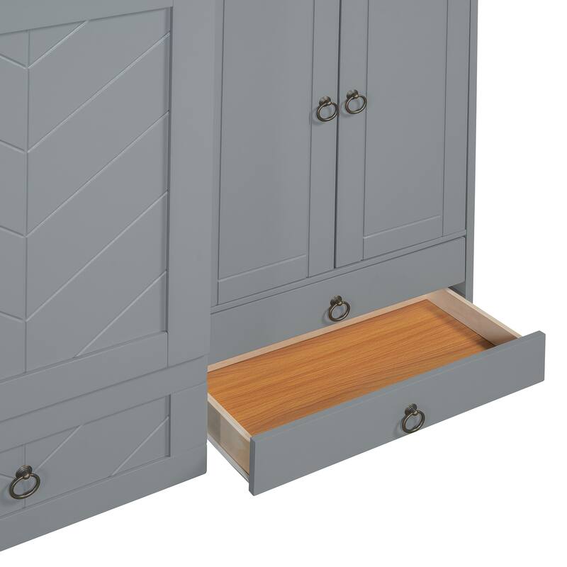 Queen Size Solid Wood Murphy Bed with Charging Station, Built-In Wardrobes, Drawers, and Foldable Cabinet Design