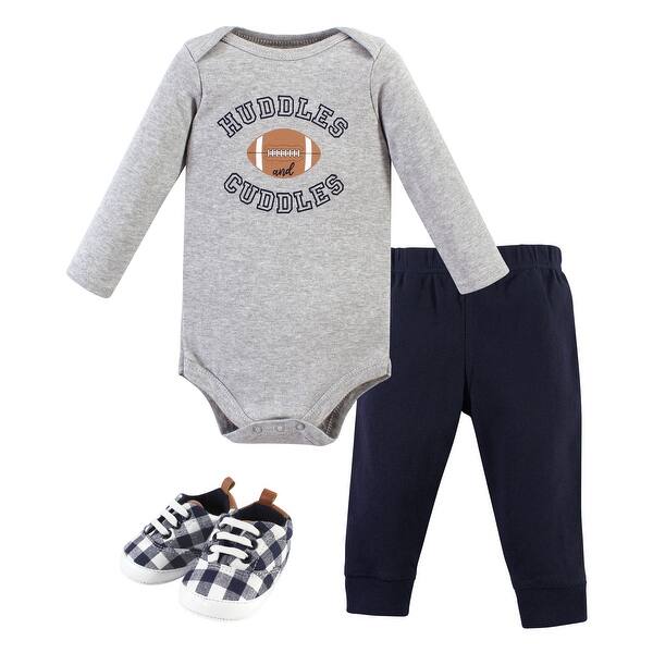 slide 1 of 1, Hudson Baby Infant Boy Cotton Bodysuit, Pant and Shoe Set, Football Huddles Long Sleeve 3-6 Months - Football Huddles Long Sleeve