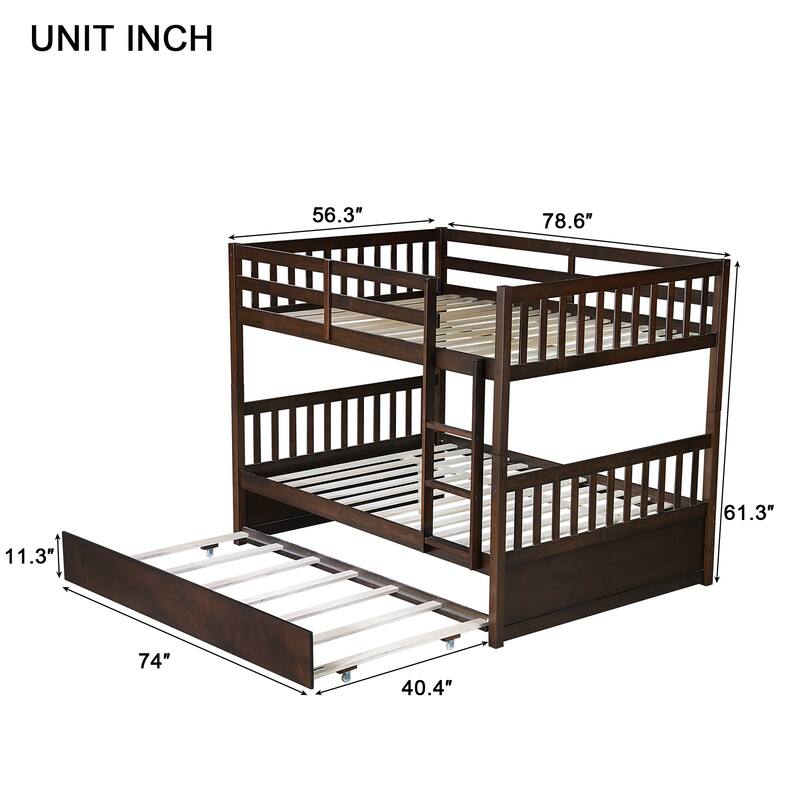 Full Over Full Rubber Wood Bunk Bed with Trundle, Convertible into Two Full Beds, Ladder and Guardrails Included