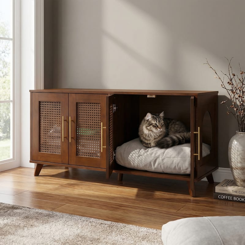 Christopher Knight Home - 47"W Rubber Wood Cat Cabinet with Rattan Doors & Cushion - Walnut
