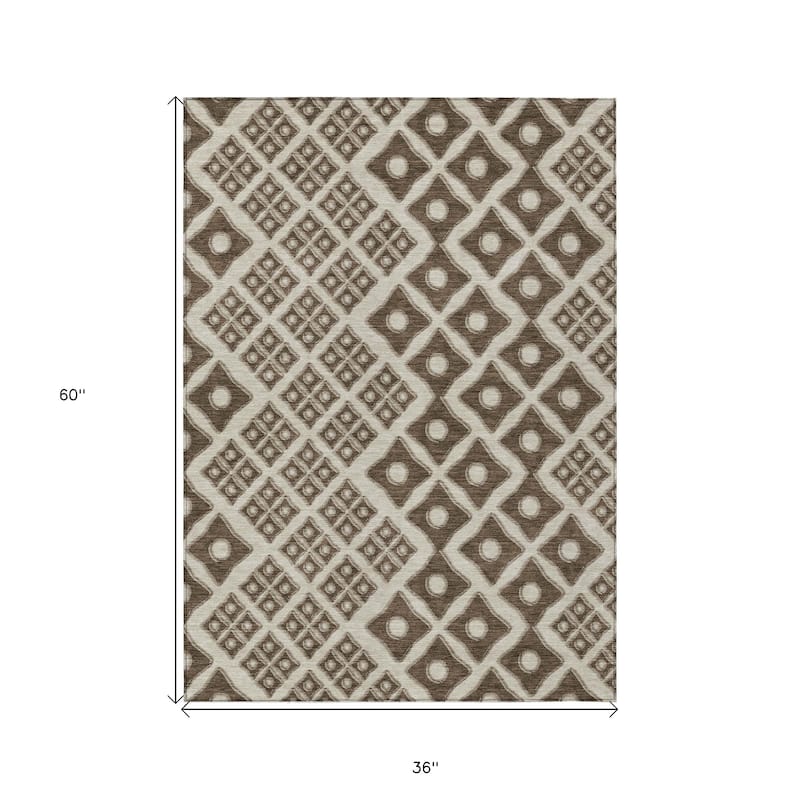 Brown And Beige Geometric Washable Indoor Outdoor Area Rug - 3' x 5'