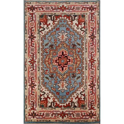 Light Blue Heriz Serapi Indian Foyer Rug Hand-Knotted Wool Carpet - 3'0"x 5'1"
