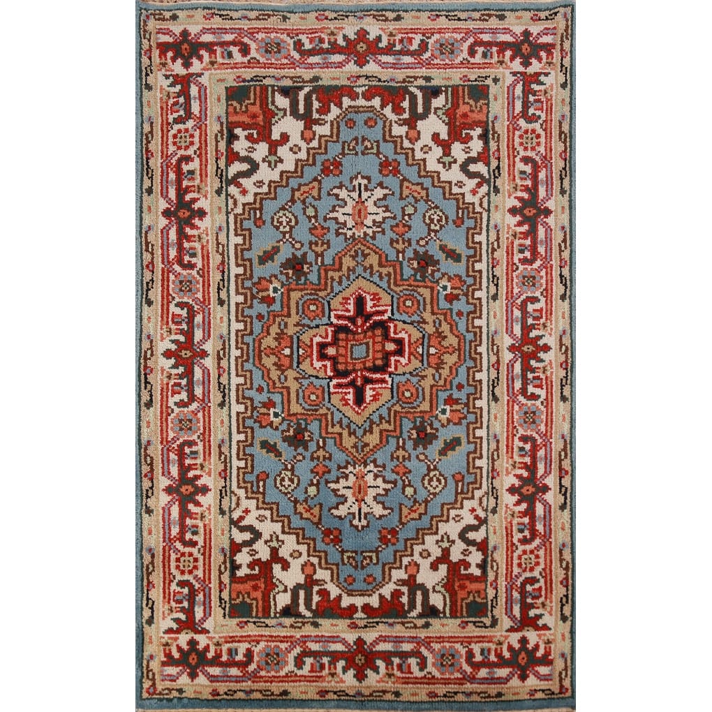 Light Blue Heriz Serapi Indian Foyer Rug Hand-Knotted Wool Carpet - 3'0"x 5'1"