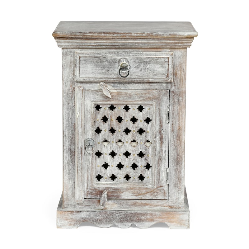 Bohemian Mango Wood Nightstand with Drawer and Cabinet for Bedroom Living Room