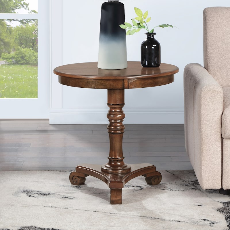 Pedestal End Table Solid Wood Veneer Finish with Turned Body Scroll Feet Traditional Accent Table for Any Room - 25.5