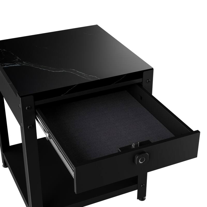 Roomfitters Square Coffee Table with Hidden Compartment and Fingerprint Lock, Steel, Black and White Faux Marble