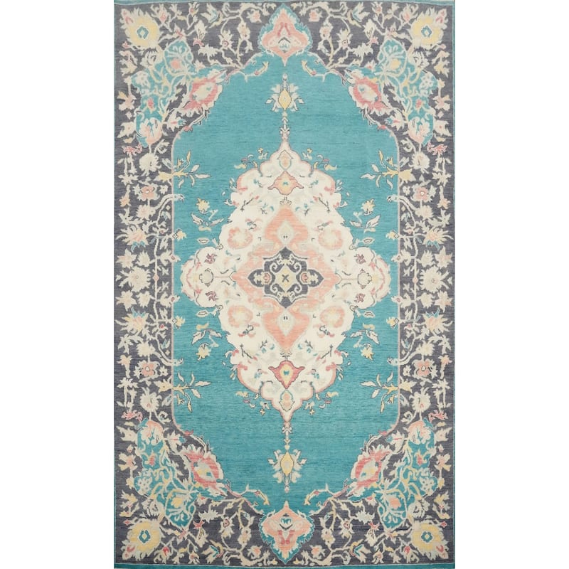 Hand Knotted Oriental 100% Wool Carpet Transitional Floral Navy Blue & Blues Oushak Area Rug - 10' 0'' X 6' 11''