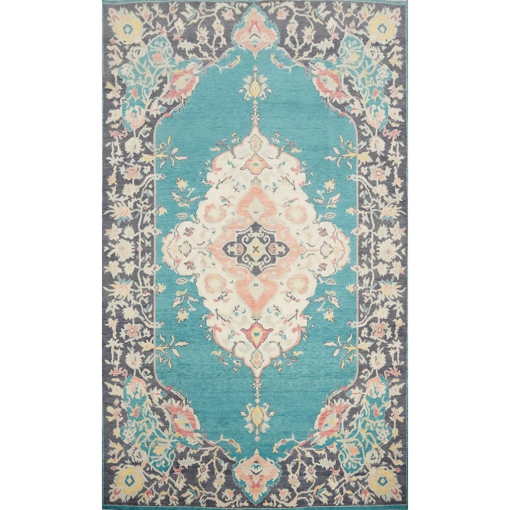 Hand Knotted Oriental 100% Wool Carpet Transitional Floral Navy Blue & Blues Oushak Area Rug - 10' 0'' X 6' 11''