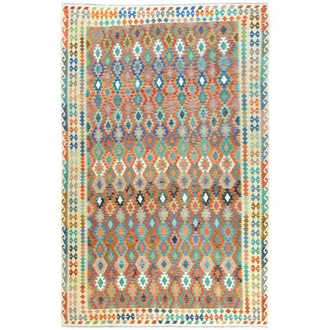 Shahbanu Rugs Colorful Hand Woven Afghan Kilim with Geometric Design Flat Weave Veggie Dyes Wool Oversized Rug (10'4" x 16'1")