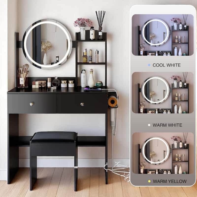 Modern Vanity Set with Touch LED Mirror, Built-in 2 AC Outlets, USB & Type-C Charging, Stool Included, Makeup Storage Desk