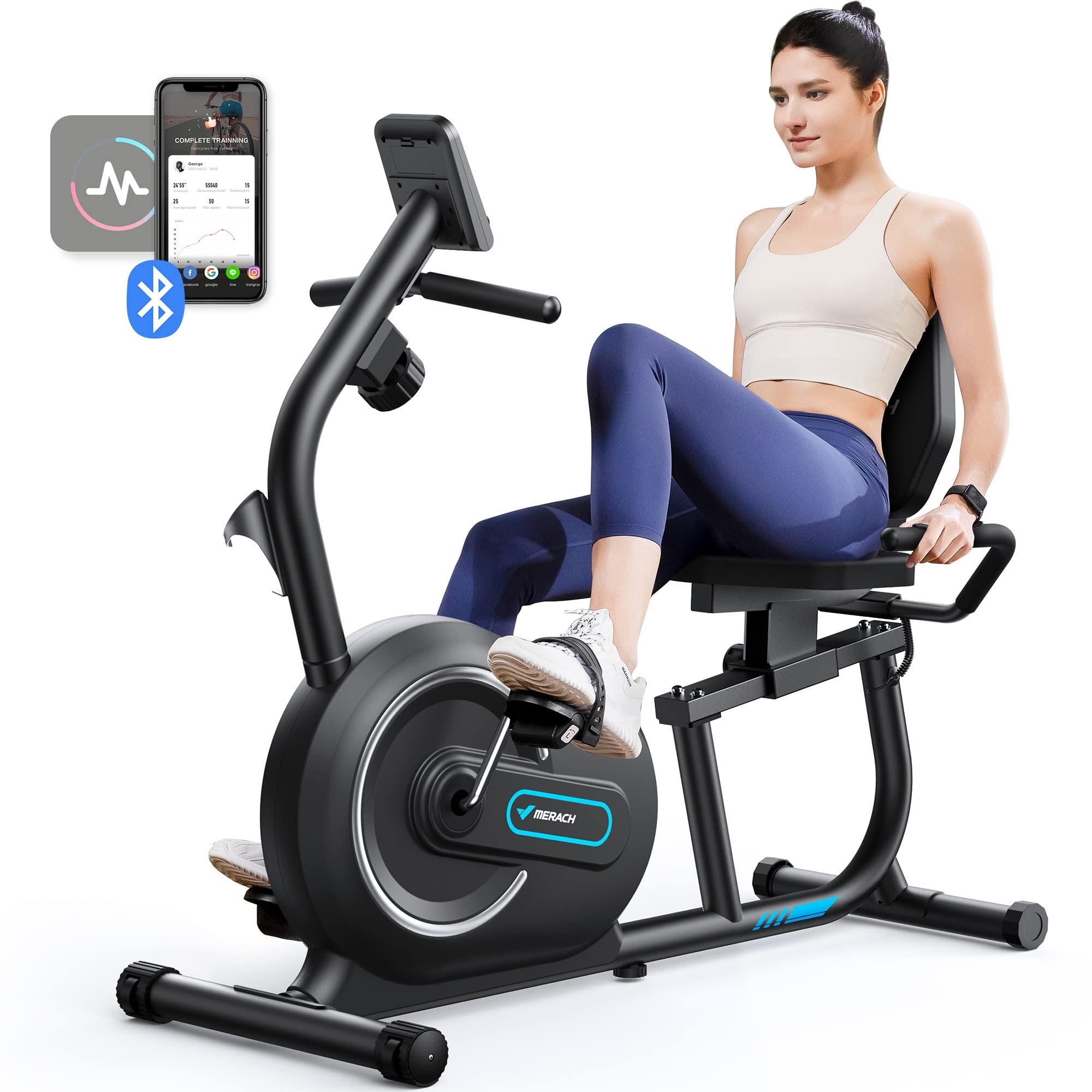 Recumbent Exercise Bike for Home with Bluetooth and Exclusive App Connectivity, LCD, Heart Rate Handle, Magnetic Recumbent Bikes