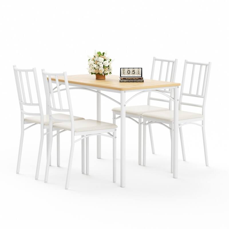 5-Piece Dining Set, 43.3" Rectangle Wood Table with 4 Steel Chairs