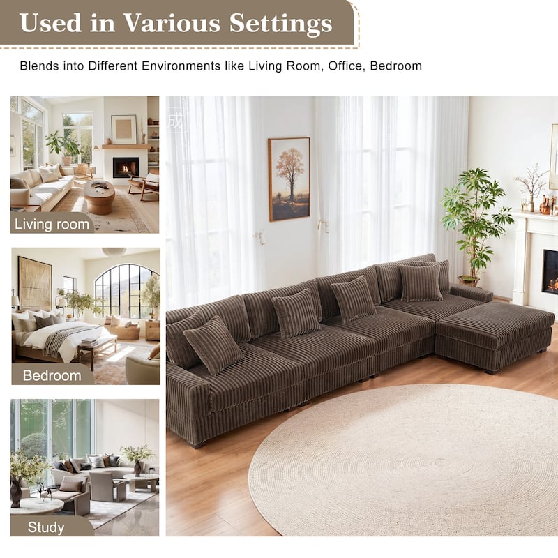 Anne 150" W Upholstered Plush Corduroy Modular Sectional Sofa