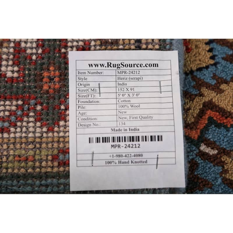 Light Blue Geometric Heriz Serapi Foyer Rug Handmade Wool Carpet - 3'0"x 5'0"