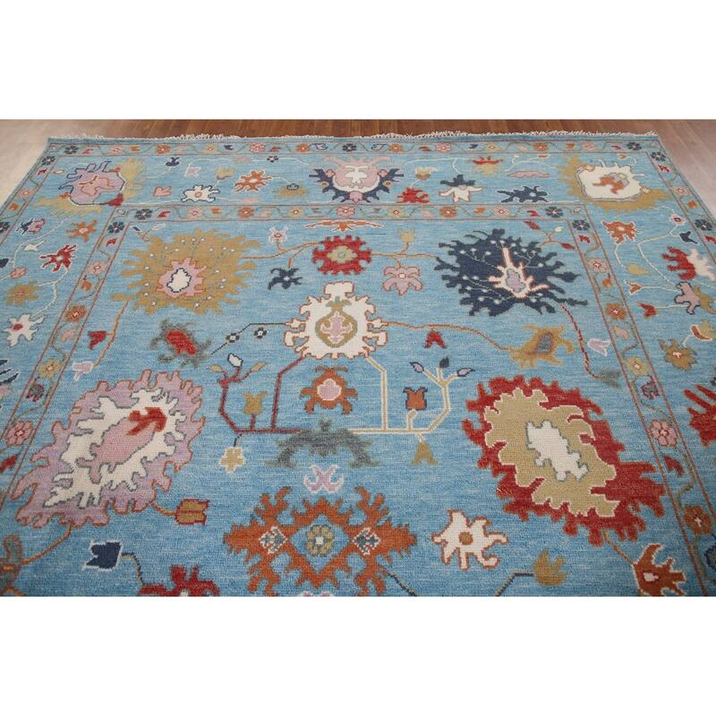 Blue Floral Oushak Area Rug Handmade Oriental Wool Carpet - 8'10"x 11'9"