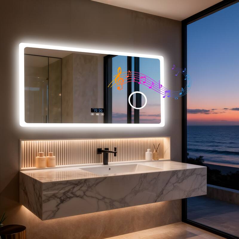 Smart LED Bathroom Mirror with Bluetooth Speaker, Anti-Fog Magnifying