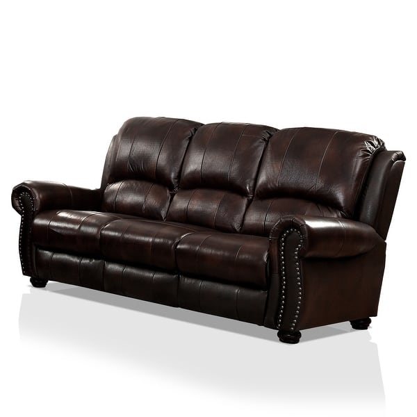 slide 4 of 3, Furniture of America Drow Traditional Brown Leather Nailhead Sofa Brown
