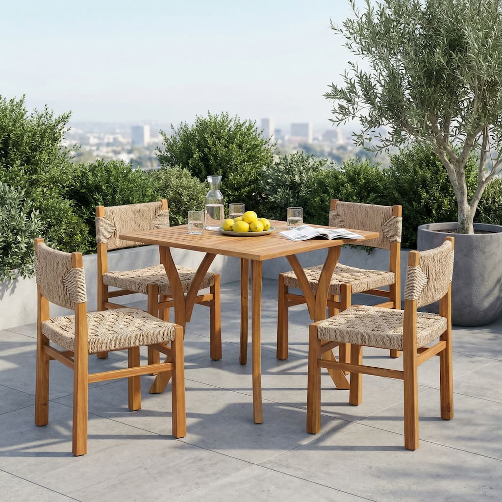 Christopher Knight Home - 5-Piece Acacia Wood Outdoor Square Dining Table Set with Wicker Woven Dining Chairs