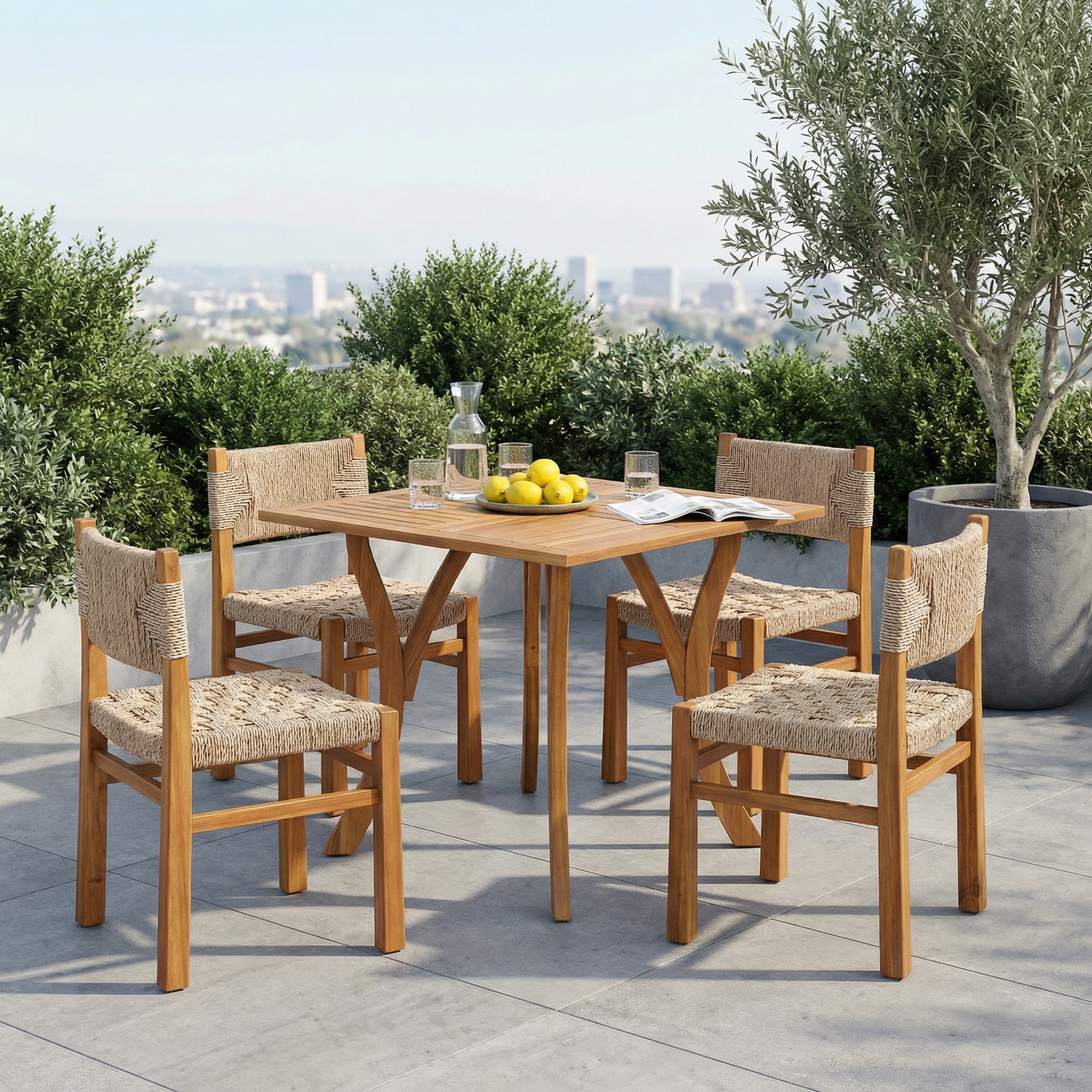Christopher Knight Home - 5-Piece Acacia Wood Outdoor Square Dining Table Set with Wicker Woven Dining Chairs