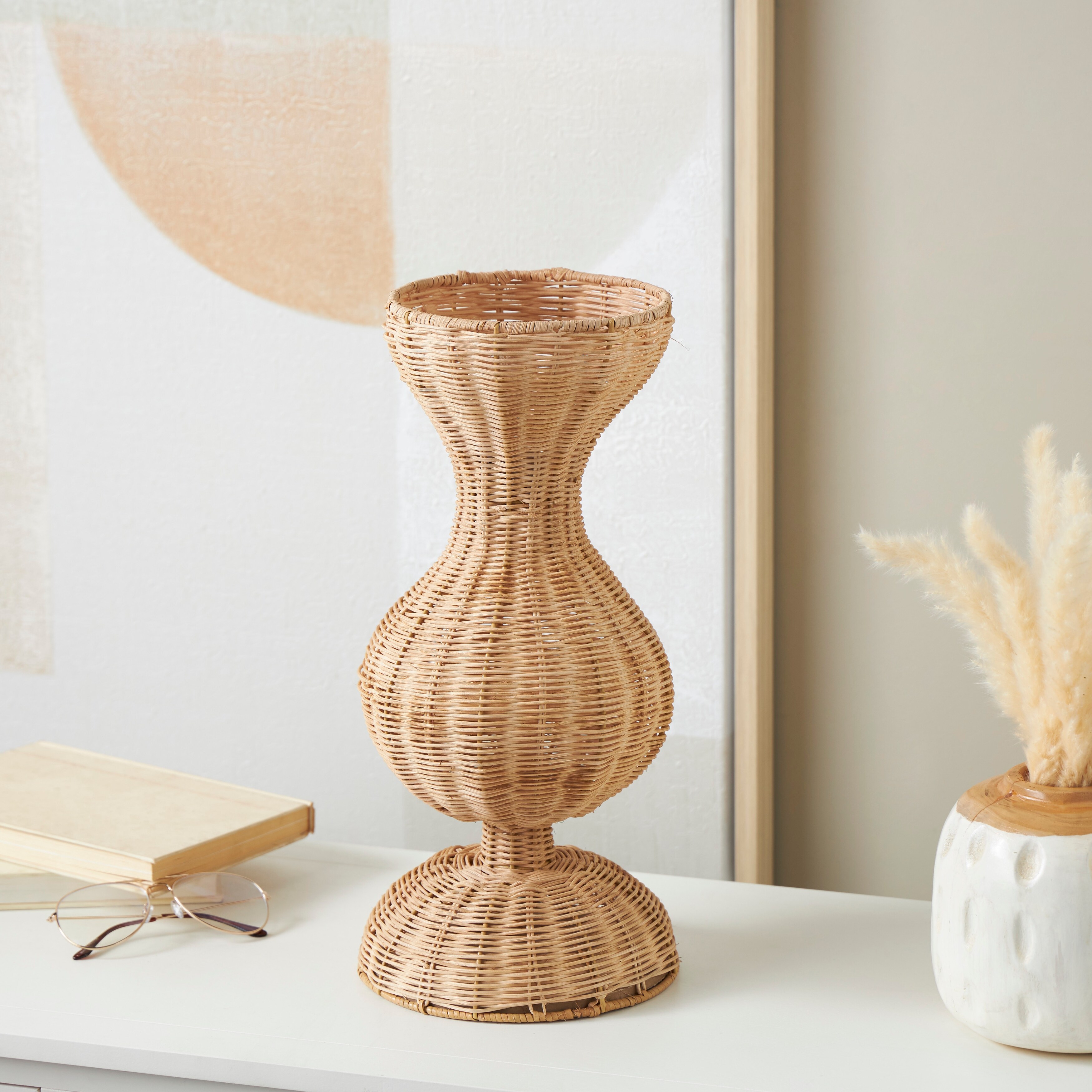 Brown Rattan Handmade Woven Hourglass Decorative Vase with Dome Base