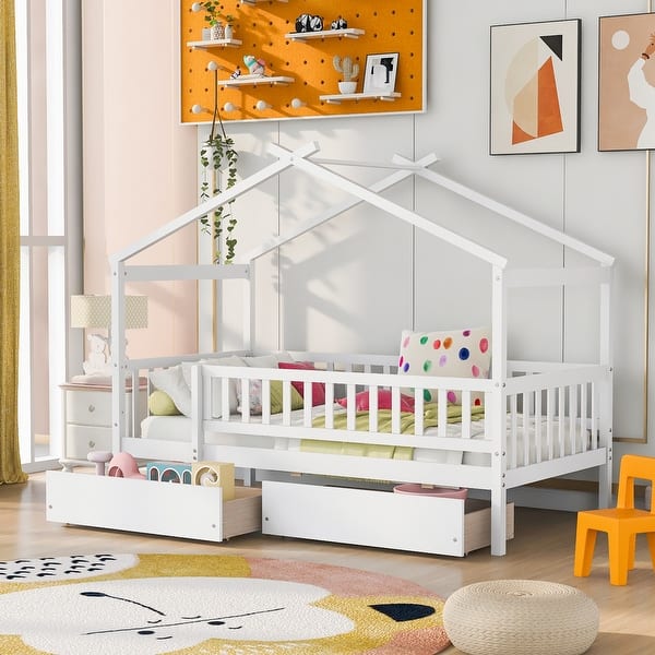 slide 2 of 49, Wooden Twin Size House Bed with Roof, Guardrail and Drawers White - Twin