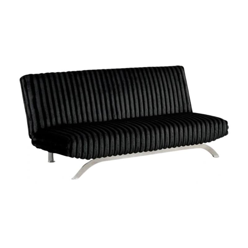 Villy Futon Sofa Bed, Chrome Metal Legs, Black Channel Tufted Fabric