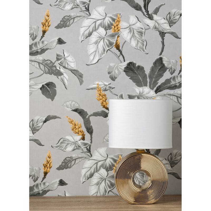 Brewster Meridian Parade Grey Tropical Leaves Wallpaper