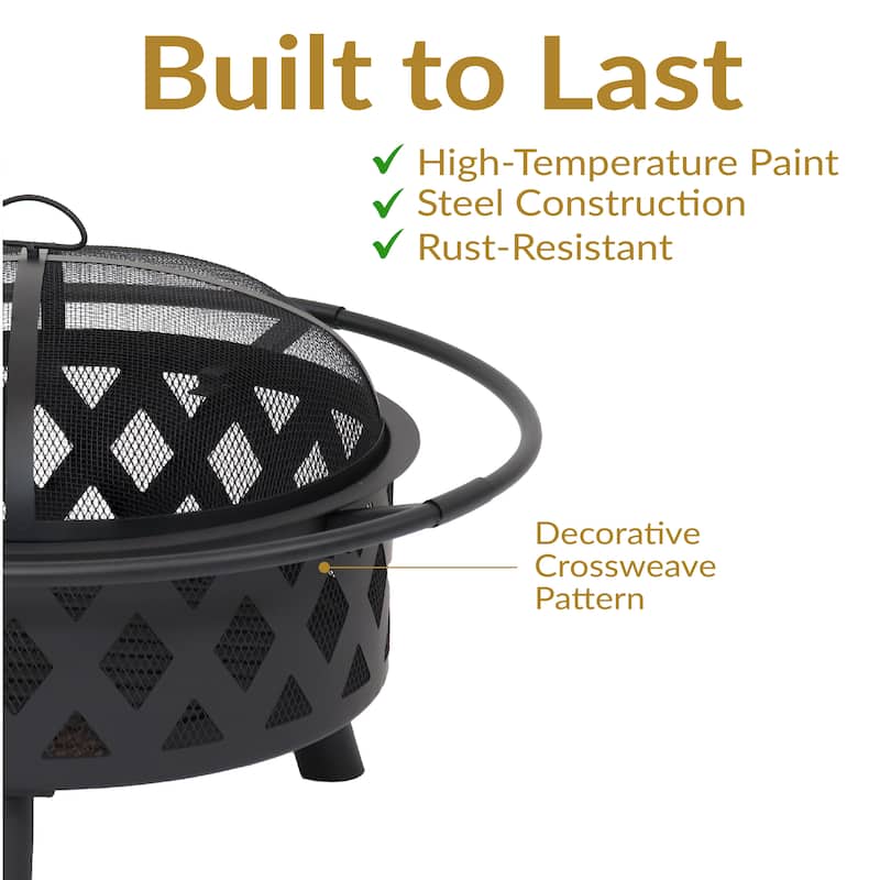 Black Crossweave Wood Fire Pit with Cover, Spark Screen, Grate, and Poker - 30"
