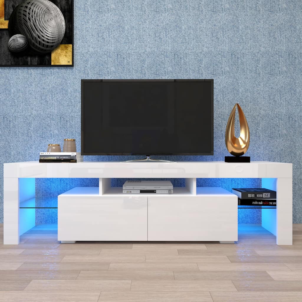 Anmytek Modern High Gloss White TV Stand with LED Lights for 55 inch TV Entertainment Center Storage Cabinet