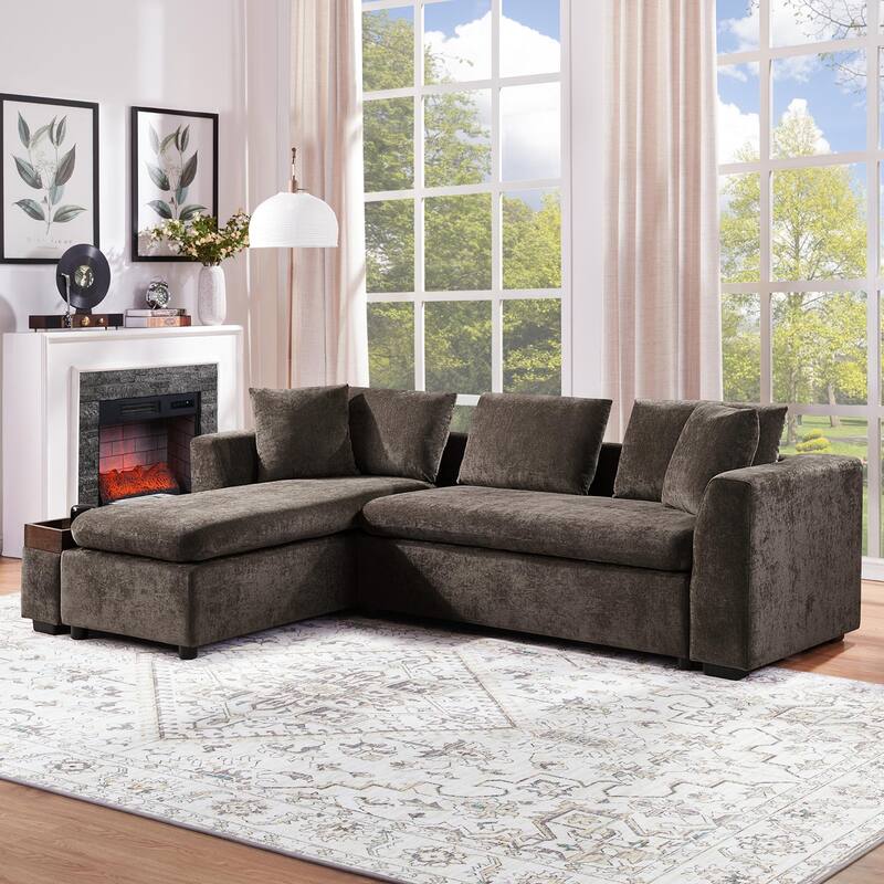 L-Shaped Sectional Sofa with Chaise Lounge, Chenille Upholstered Sleeper Couch with Wooden Storage Compartment & Throw Pillows