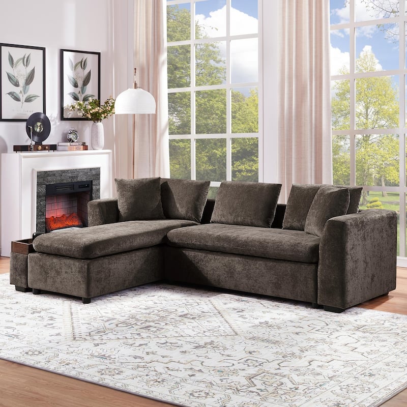 Living Room Chenille Upholstered Sectional Sofa 93.7 Inch L Shaped Cloud Sofa Couch with Wooden Storage Compartment