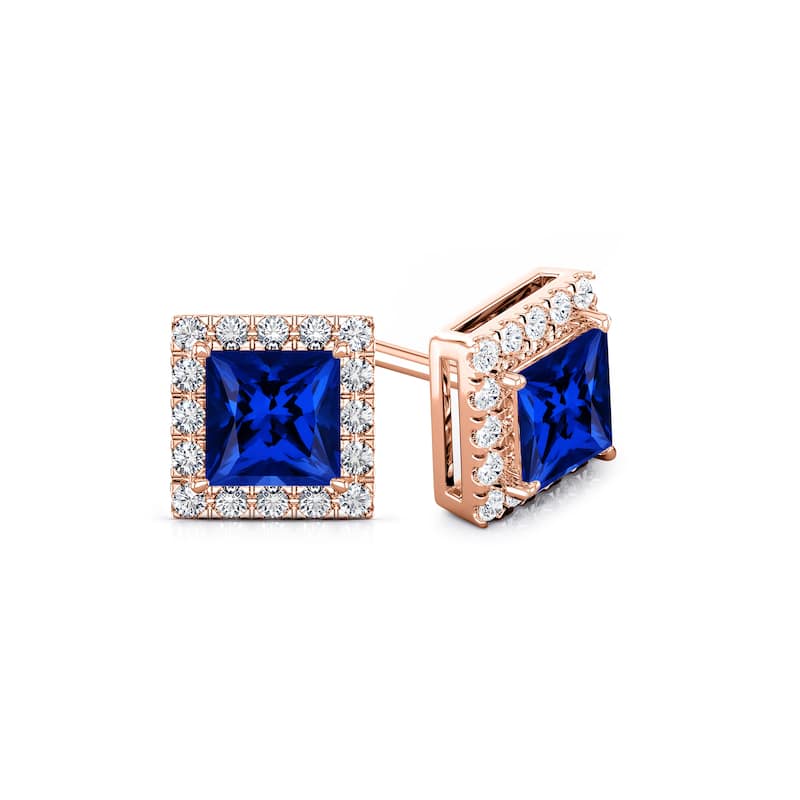 Auriya 14k Gold Lab Grown Gemstone Blue Sapphire Stud Earrings Princess 0.25 to 5.00 ct. tw. Halo Push-Back