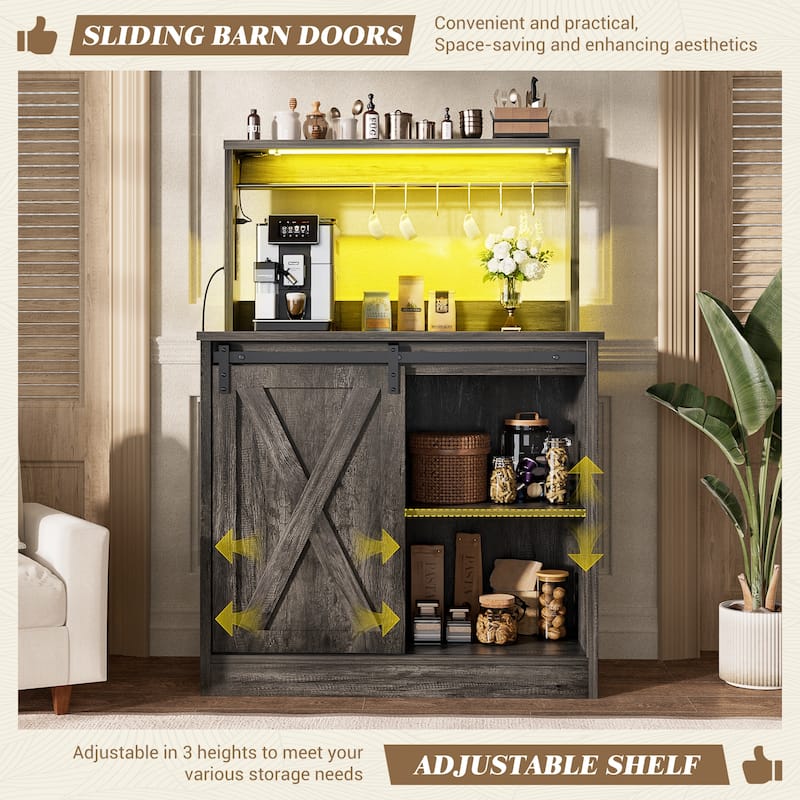 Farmhouse Wine Bar Cabinet with Barn Door & Charging Station,Sturdy Buffet Coffee Bar Cabinet with LED Lights & Hutch
