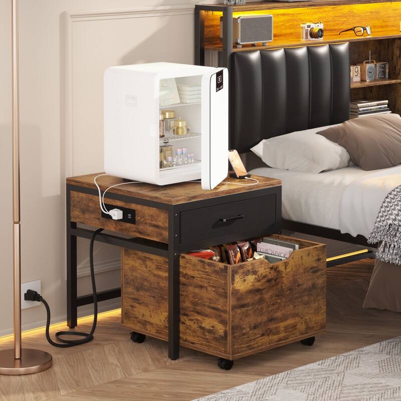 Modern Farmhouse Nightstand with Charging Station, Living Room End Table with Rolling Cabinet - Rustic Brown