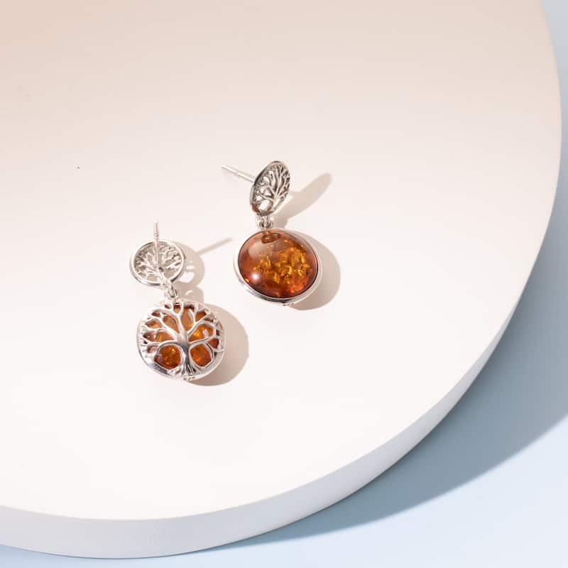 Baltic Amber Tree Design Drop Earrings in Sterling Silver